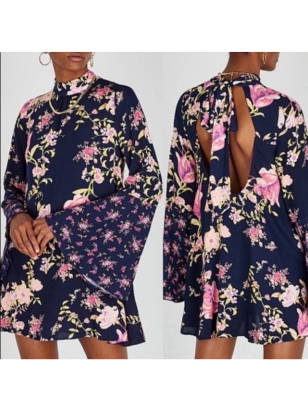 Free People Navy Floral Open-Back Mini Dress with Pink Blooms